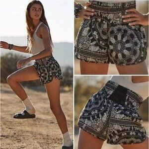 Free People Movement Bandana Paisley Print Shorts High Waist Lined Black White M